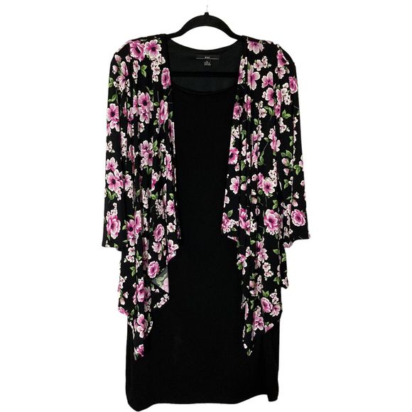 R & K Originals Womens 12 Faux Jacket Dress Black w/ Purple Floral Stretch EUC - Picture 1 of 8
